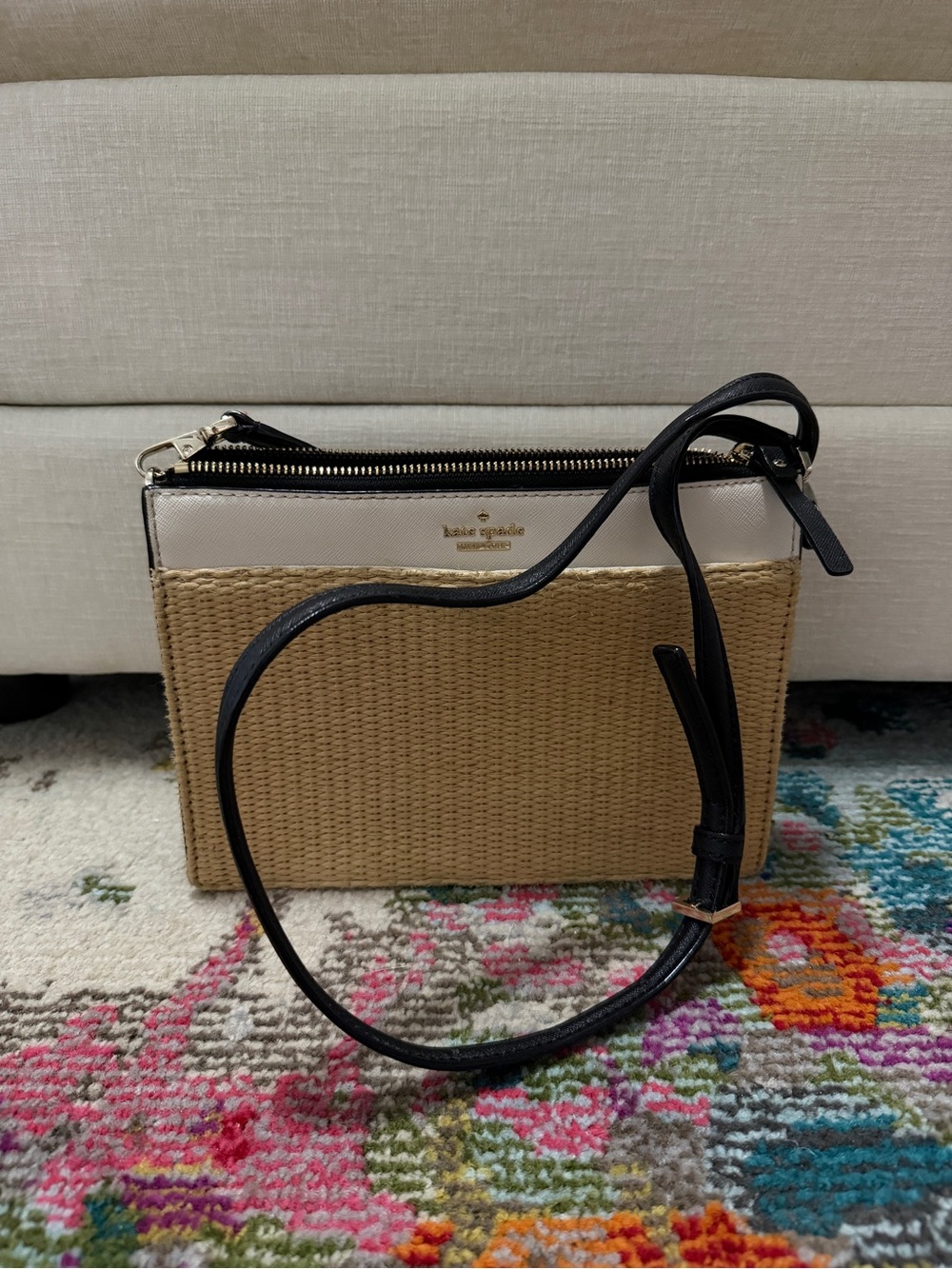 kate spade Straw Crossbody with White Leather Trim and Black Strap